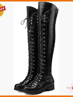 Over The Knee Flat Boots Lace-Up Riding Boots Synthetic Leather